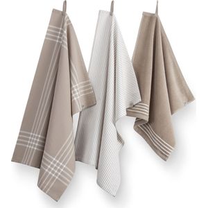 Walra - Superior Kitchen Set - Taupe / Wit - Keukendoeken - 2x 50x70 + 1x 50x50 cm - 100% Katoen