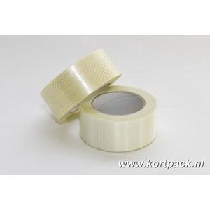 Kortpack - Filament tape - 75mm x 50mtr - Lengte Versterkt - Transparant - Versterkt met glasvezeldraad - 12 Rollen - (021.0211)