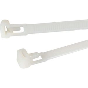 Kortpack - Hersluitbare Kabelbinders/ Tyraps 300mm lang x 7.6mm breed - Wit - 100 stuks - Treksterkte: 22.2KG - Bundeldiameter: 80mm - (099.0483)