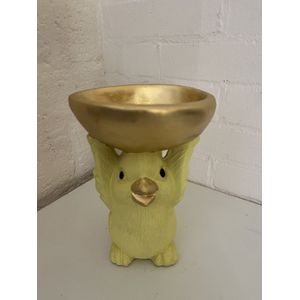 Vogel met schaal 14x11x21cm geel geel Aardewerk Season Inspired Decoration Decoratief beeld of figuur (14.0000cm x 11.0000cm)