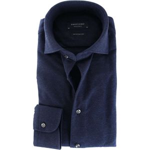 Profuomo - Slim Fit - Jersey Overhemd - Donkerblauw Melange - Knitted Shirt Piqué