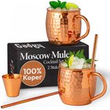 Gadgy Moscow Mule Bekers Set - 100% Koper - Cocktailset : 2 Cocktailglazen, 2 Rietjes & 1 Barmaatje