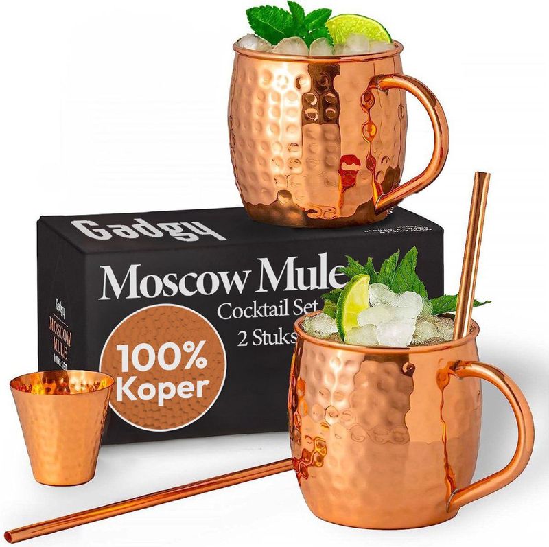 Gadgy Moscow Mule Bekers Set - 100% Koper - Cocktailset : 2 Cocktailglazen, 2 Rietjes & 1 Barmaatje