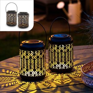 Gadgy 2 stuks led-zonnelampen voor buiten, tuinverlichting van metaal, zwart en goud, met pauwmotief, om op te hangen of neer te zetten, decoratieve waterdichte verlichting voor terras of balkon