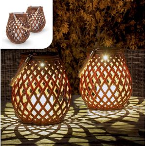 Gadgy Solar Tuinverlichting op Zonne-energie | Set van 2 | Rattan Uitstraling | Led Lantaarn met Dag/Nacht Sensor | Tafellamp voor Buiten
