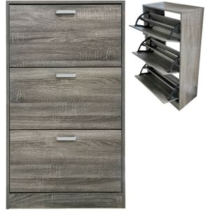 Schoenenkast - Grijs Bruin - Hout - 3 Vakken met Klepdeuren
