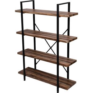 Wandkast Stoer - Metaal Hout Industrieel Design Open Boekenkast 140 cm Hoog Zwart