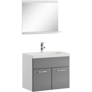 Badkamermeubelset Montreal 02 60 cm wastafel wit met hoogglans grijs - spiegel meubel badkamermeubel
