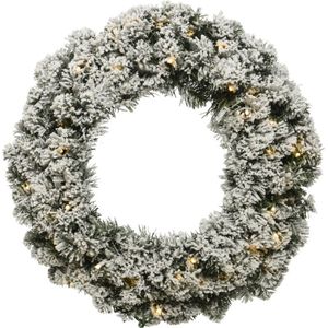 Kerstkrans/dennenkrans groen met sneeuw en warm witte verlichting met timer 35 cm - Verlichte dennenkransen