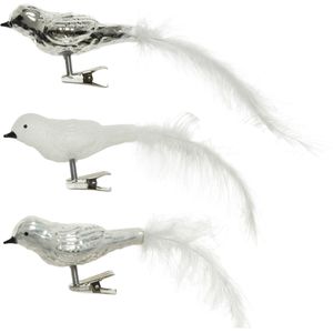 Glazen Decoratie Vogels op Clip - Set van 3 - Wit/Zilver - 8 cm