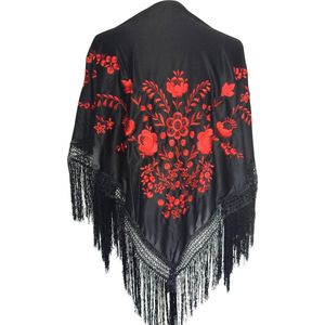 La Senorita Spaanse Flamenco Dans Sjaal zwart rood, Zwart/Rood, M
