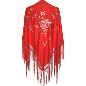 Spaanse manton/omslagdoek rood diverse bloemen bij flamenco jurk verkleedkleding