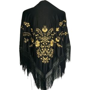 Spaanse manton/omslagdoek zwart met gouden bloemen