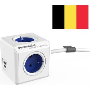 PowerCube Extended Duo USB - 1.5 meter kabel - Wit/Blauw - 3 stopcontacten - 2 USB laders - Type E met aardepin (België\/Frankrijk)