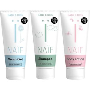 Naïf - Douche Essentials Set - Voordeelset - Baby's en Kinderen - Wasgel, Shampoo en Bodylotion - Met ingrediënten van natuurlijke oorsprong