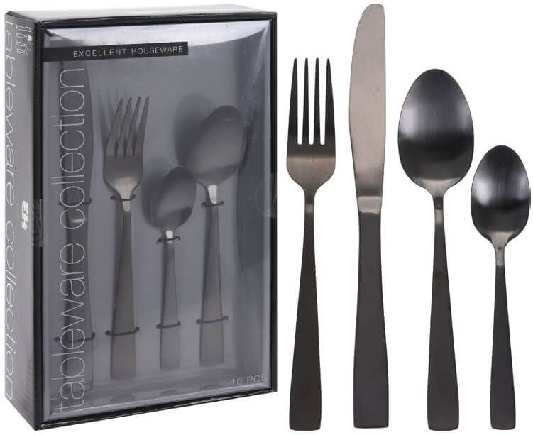 Excellent Houseware Bestekset - 16-delig - Mat Zwart - 4 Persoons