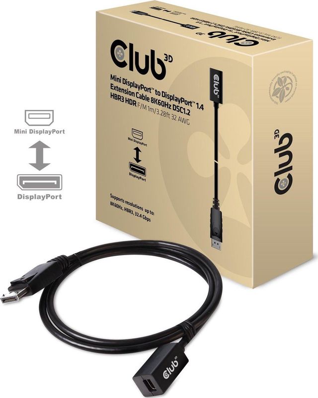 Club3D Mini DisplayPort™ auf DisplayPort™ 1.4 Verlängerungskabel 8K60Hz DSC1.2 HBR3 HDR B/St 1m