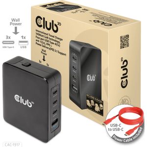 Club 3D Internationale reislader 140 W GaN-technologie, vier poorten USB Type-A (1x) en -C (3x), PPS + Power Delivery (PD) 3.1-ondersteuning