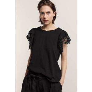 Summum Top - Zwart - Katoenmix met Ronde Hals en Kapmouwtjes
