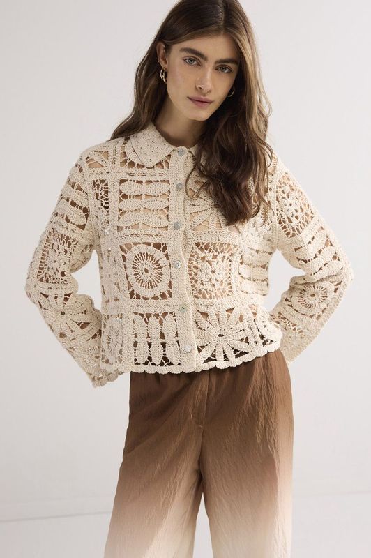 Summum Woman - Ecru Korte Vest met Bloemen Haakpatroon voor Dames