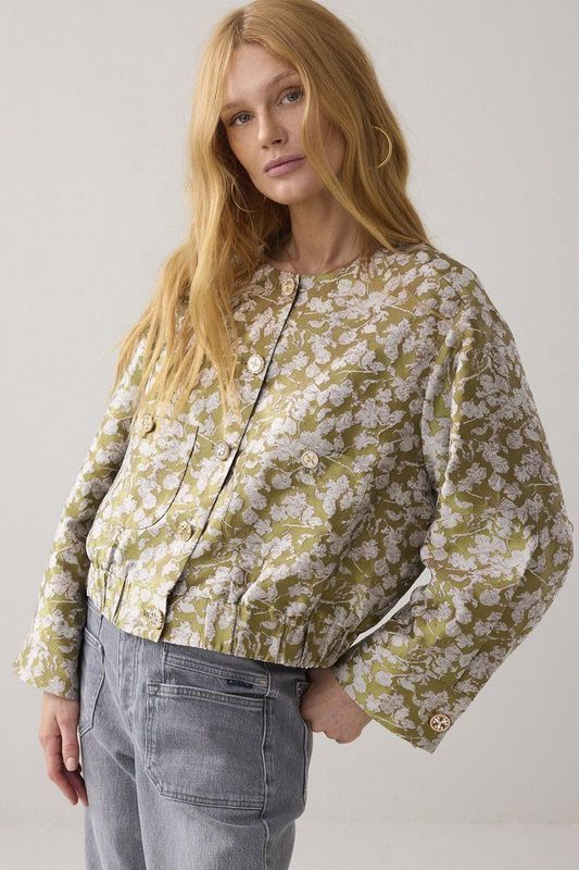 1s1205-12293 - Gevoerd Boxy Jasje - Misty Lime - Jacquard Stof