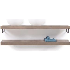 Looox Wooden Base Shelf Duo 160 cm, eiken old grey, Handdoekhouders geborsteld rvs