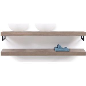 Looox Wooden Base Shelf Duo 160 cm, eiken old grey, Handdoekhouders mat zwart