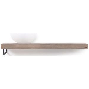 Looox Wood collection Solo wastafelblad - 120x46cm - Met handdoekhouder (links) mat zwart - Massief eiken Old grey WBSOLOL120MZ