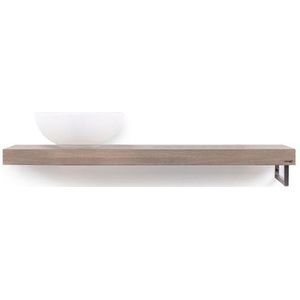 Looox Wooden Base Shelf solo R 120 cm, eiken old grey, handdoekhouders rechts geborsteld rvs