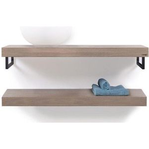 Looox Wooden Base Shelf Duo 100 cm, eiken old grey, Handdoekhouders mat zwart