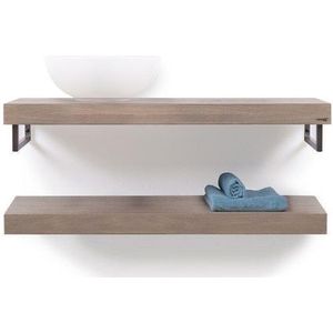 Looox Wooden Base Shelf Duo 100 cm, eiken old grey, Handdoekhouders geborsteld rvs