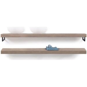 Looox Wooden Base Shelf Duo 200 cm, eiken old grey, Handdoekhouders mat zwart