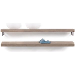 Looox Wooden Base Shelf Duo 200 cm, eiken old grey, Handdoekhouders geborsteld rvs