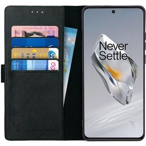 Rosso Deluxe OnePlus 12 Hoesje Echt Leer Book Case Zwart