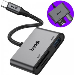 Buddi Ease USB-C Kaartlezer Adapter met USB A converter Grijs