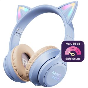 HappyCase Kinder Koptelefoon met Kattenoortjes - veilige volumebregrenzer - Bluetooth Koptelefoon Voor Kinderen - Ledverlichting - Over-Ear Hoofdtelefoon - Geluiddempend - Paars