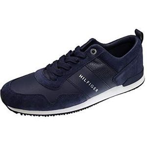 Tommy Hilfiger Heren Runner Sneaker Iconic Leather Suede Mix Runner Sportschoenen, Blauw Midnight, 48 EU