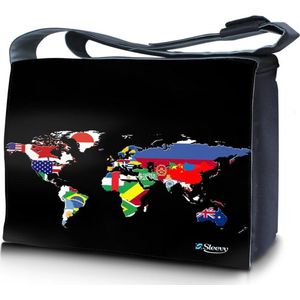 Sleevy 17,3 laptoptas / messenger tas wereldkaart en vlaggen - laptoptas - schooltas