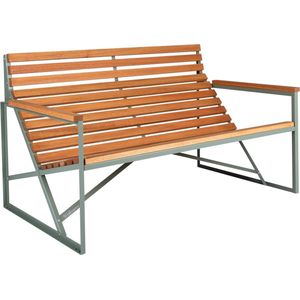 Weltevree | Patio Bench | Tuinbank, Buitenbank | Stalen Frame & Eucalyptus Houten Zitting | Weerbestendig | Cement Grijsgroen RAL 5008