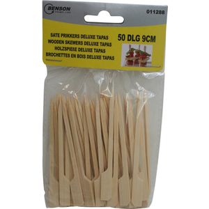 Benson Deluxe saté prikkers - hout - 9 cm - 50 stuks - wegwerpbaar