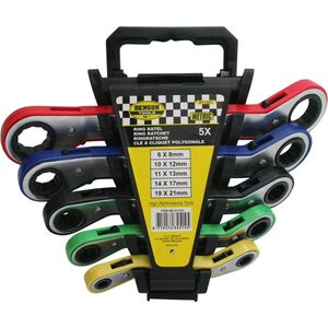 Benson Kleurrijke ring ratelsleutelset - 5-delig - 6 t/m 21 mm - Metrisch - Gebogen ontwerp