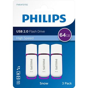 Philips USB Stick Flash Drive - 64GB - Snow Edition - USB 2.0 - Led - Dopje - Wit - 3-pack