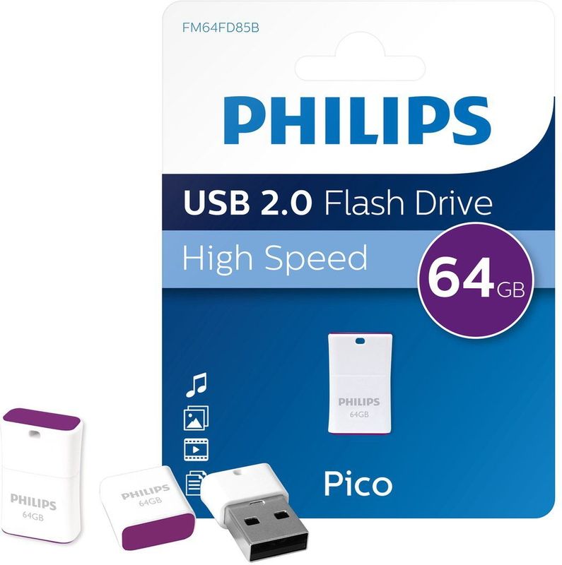 Philips FM64FD85B USB Stick - 64GB - USB 2.0 - Pico - Paars