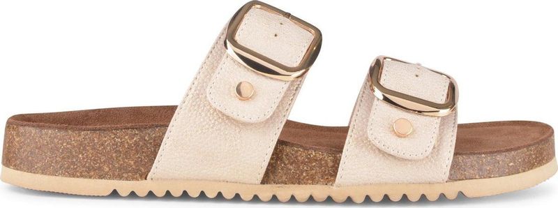 PS Poelman CURA Dames Faux PU Imitatie - Leren Sandalen met Gespen - Metallic Licht Beige