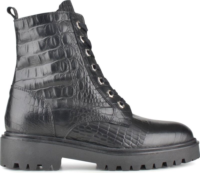PS Poelman - Leta Dames Leren Enkellaarzen met Veters en Rits - Zwart Croco Print