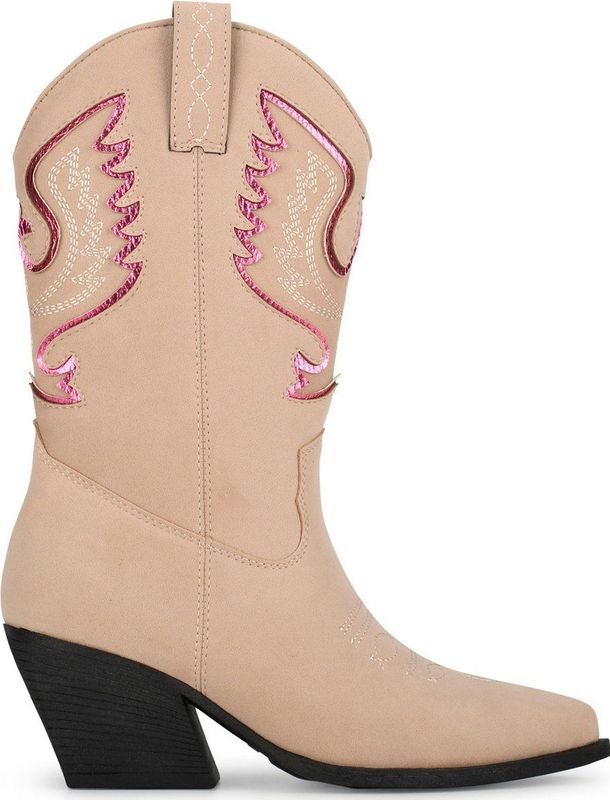 POSH by Poelman - BIBI Dames Laarzen - Beige - Imitatie Suède met Metallic Roze