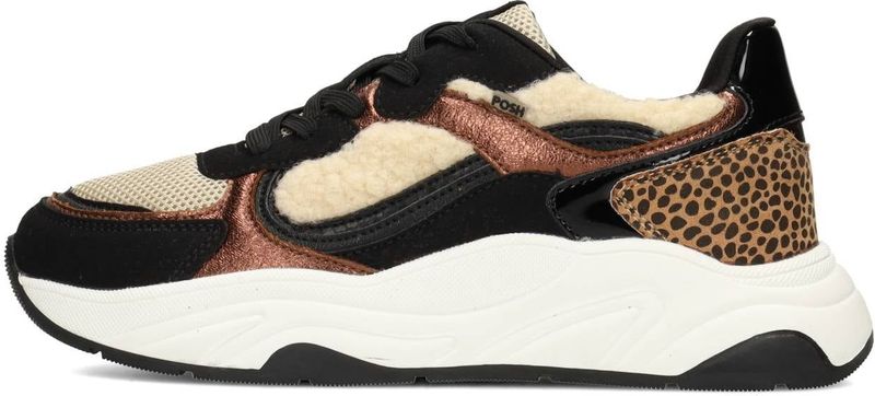 POSH by Poelman - MACY - Dames Sneakers - Zwart - Beige/Wit - Panterdetail