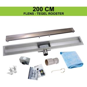 Wiesbaden RVS Douchegoot | Tegelrooster | Flens met uitneembaar sifon | 200x7cm 6,7cm diep