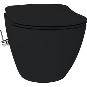 Wandcloset bws rimoff ophang toilet met bidetkraan warm en koud water mat zwart (exclusief zitting)