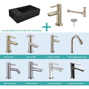 Fonteinset Cura Natuursteen Links 40X22X10 Cm Rvs (Keuze Uit 8 Kranen) Aqua Splash